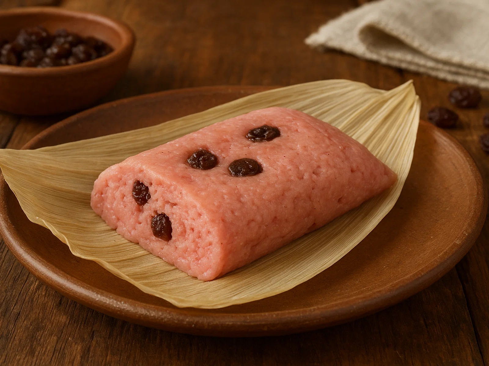 Tamal de dulce (süßer rosa Tamal mit Rosinen)