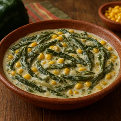 Rajas con crema (Poblano‑Streifen in Sahne mit Mais)