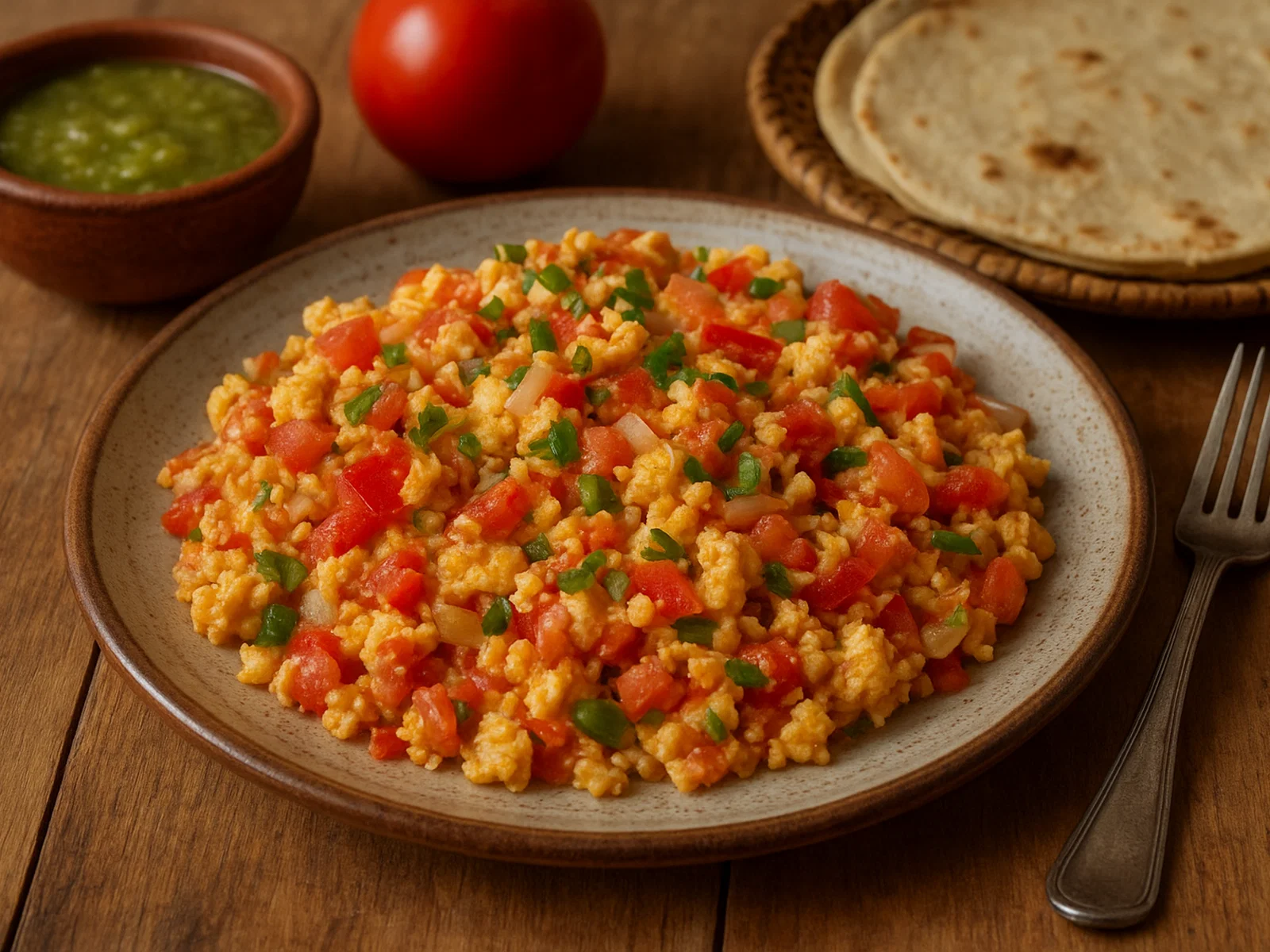 Huevos a la mexicana (Rührei mit Tomate, Zwiebel und Chili)