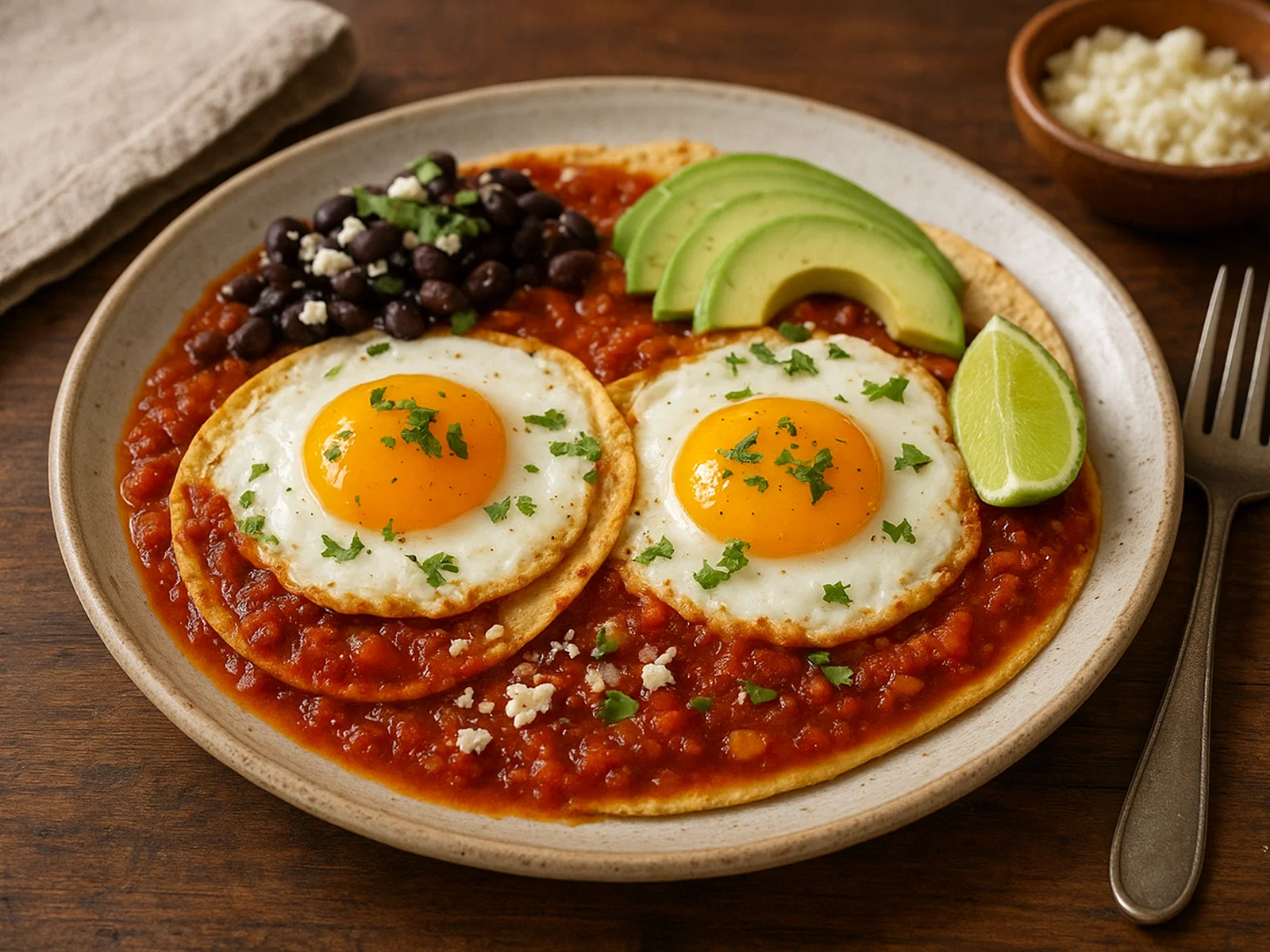 Huevos Rancheros – Spiegeleier auf Tortilla in Tomaten-Chili-Soße