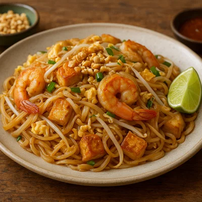 Klassisches Pad Thai mit Garnelen, Tofu und Ei