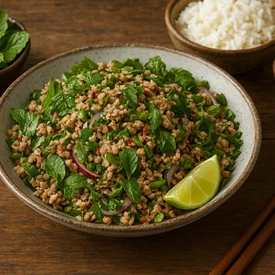 Larb – Würziger Hackfleischsalat mit Röstreis und frischen Kräutern