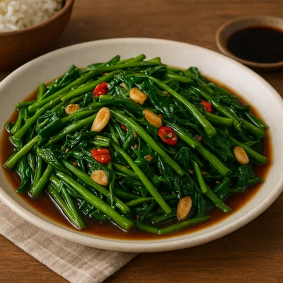 Pad Pak Bung (Gebratener Wasserspinat mit Knoblauch und Chili)