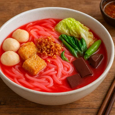 Yen Ta Fo – Thailändische rosafarbene Nudelsuppe mit fermentiertem Tofu