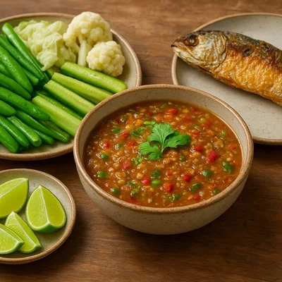 Nam Prik Kapi – Thailändischer Garnelenpasten-Dip mit Gemüse und Fisch