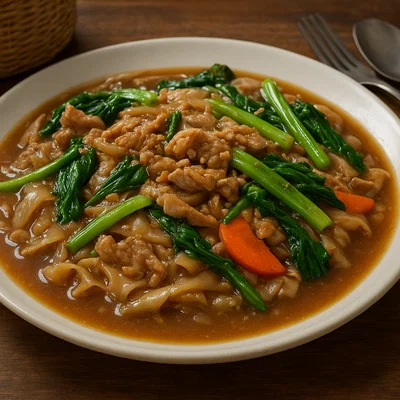 Rad Na – Thailändische Reisbandnudeln in dicker Soße mit Fleisch und Gemüse