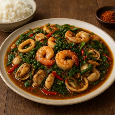 Pad Cha – scharf gebratene Meeresfrüchte mit Kräutern