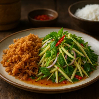 Yam Pla Duk Foo – Knuspriger Wels-Salat mit grüner Mango