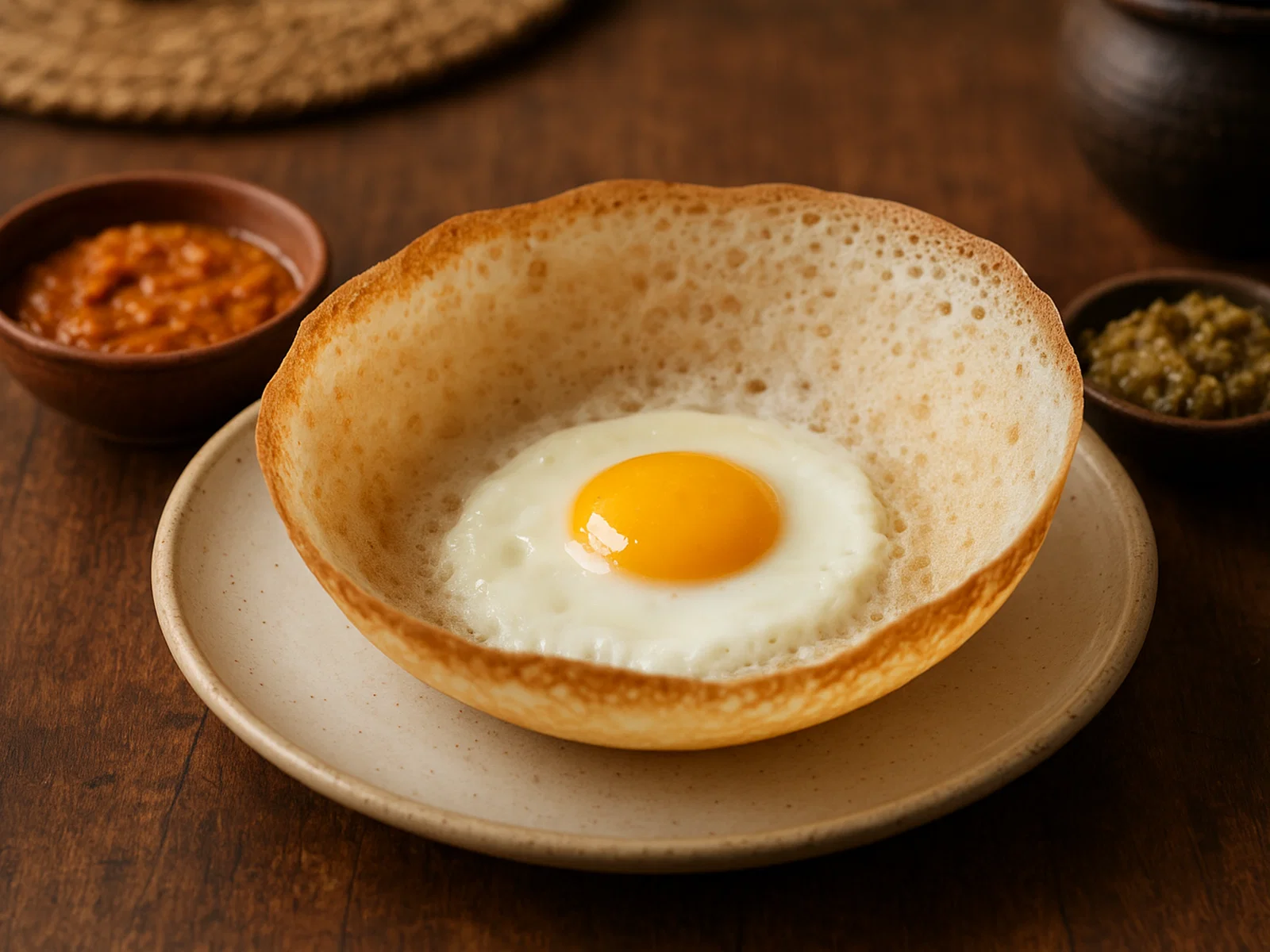 Egg Hoppers (Sri-lankische Reisbowl-Pfannkuchen mit Ei)