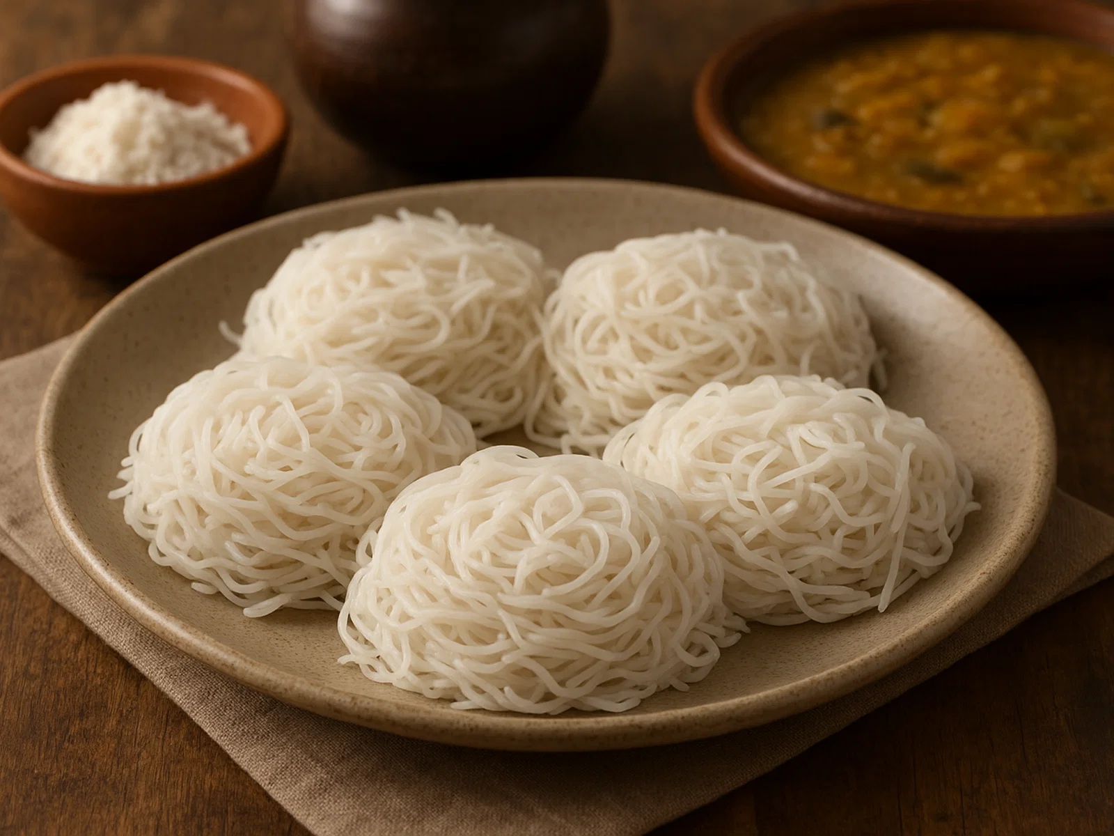 String Hoppers (Idiyappam) – Gedämpfte Reismehl‑Nudelnester