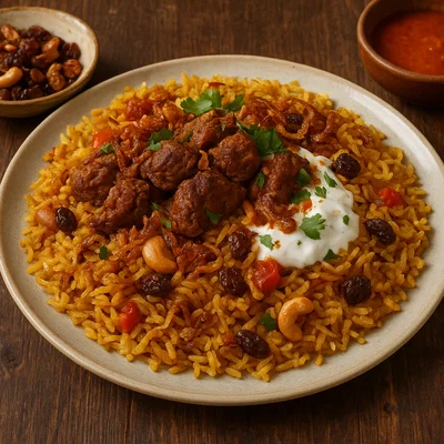 Ceylonesisches Biryani mit Gewürzreis und Fleisch