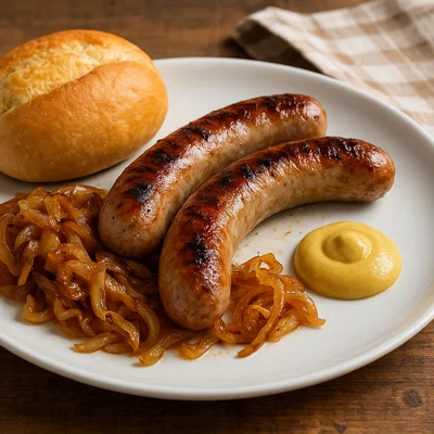 Klassische Bratwurst mit Zwiebeln und Senf