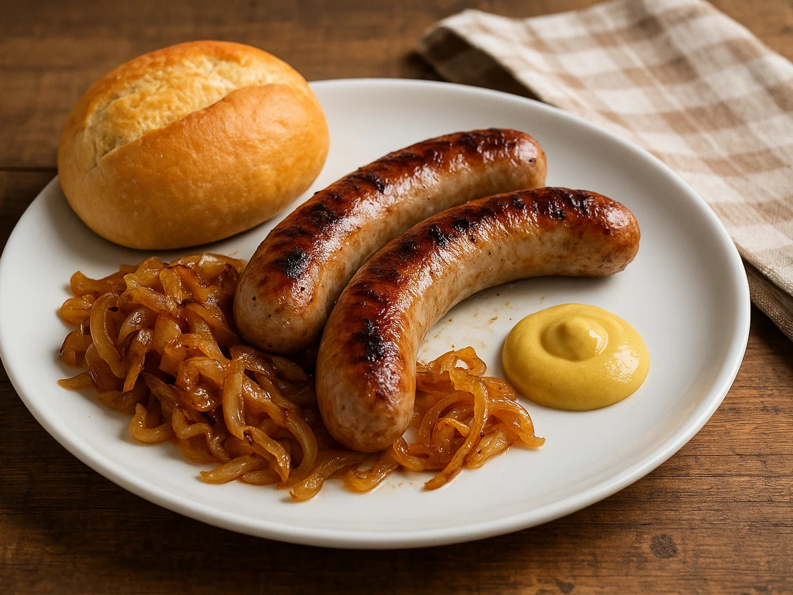 Klassische Bratwurst mit Zwiebeln und Senf