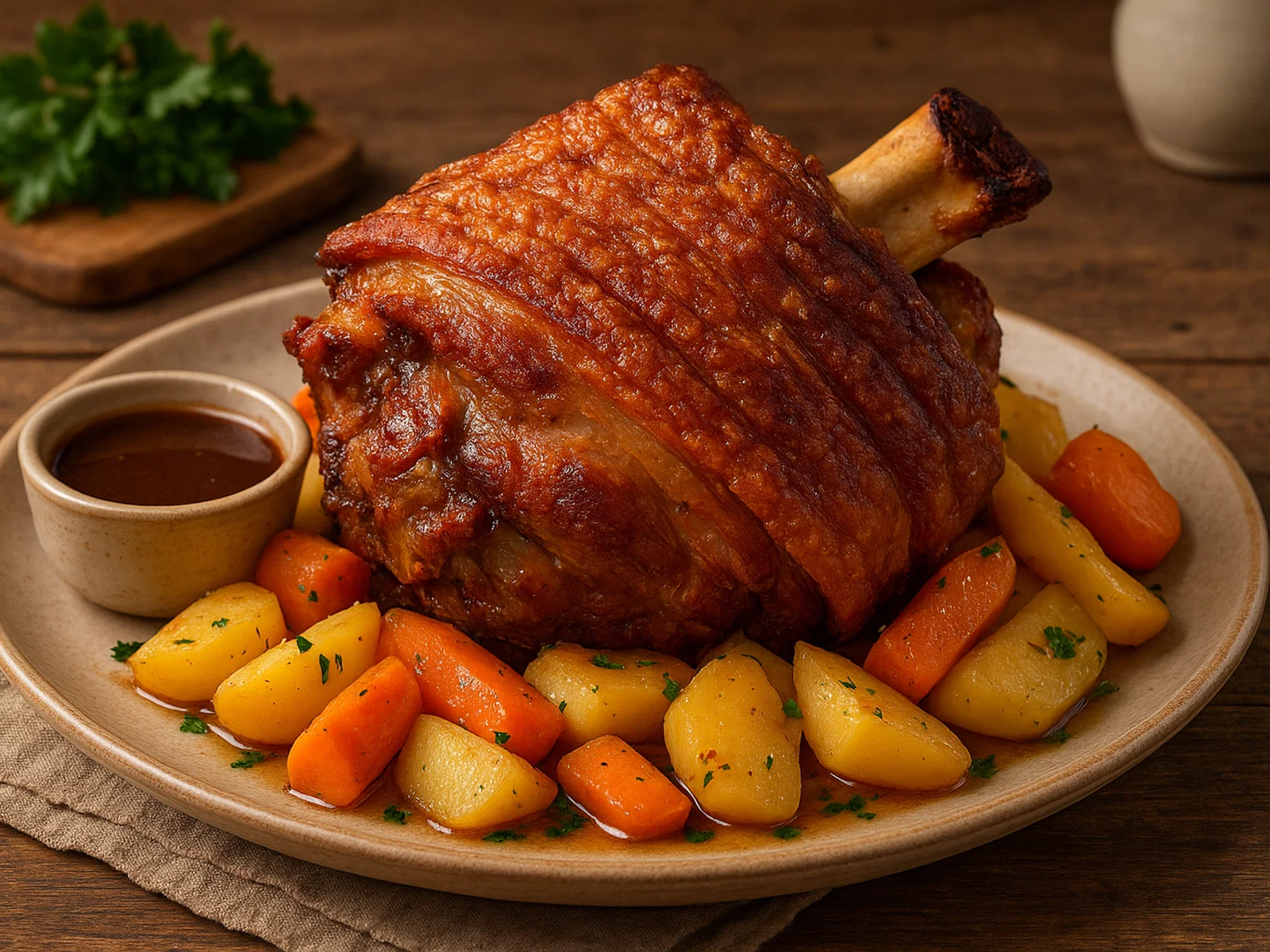 Knusprig gebratene Schweinshaxe aus dem Ofen