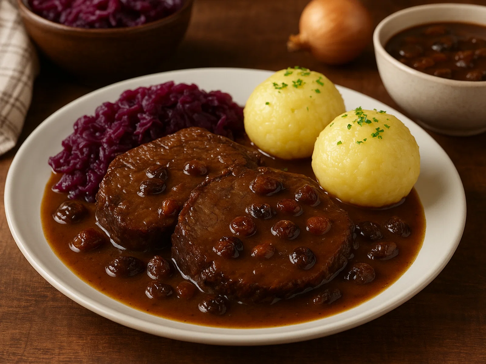 Rheinischer Sauerbraten mit Rosinen-Lebkuchen-Soße