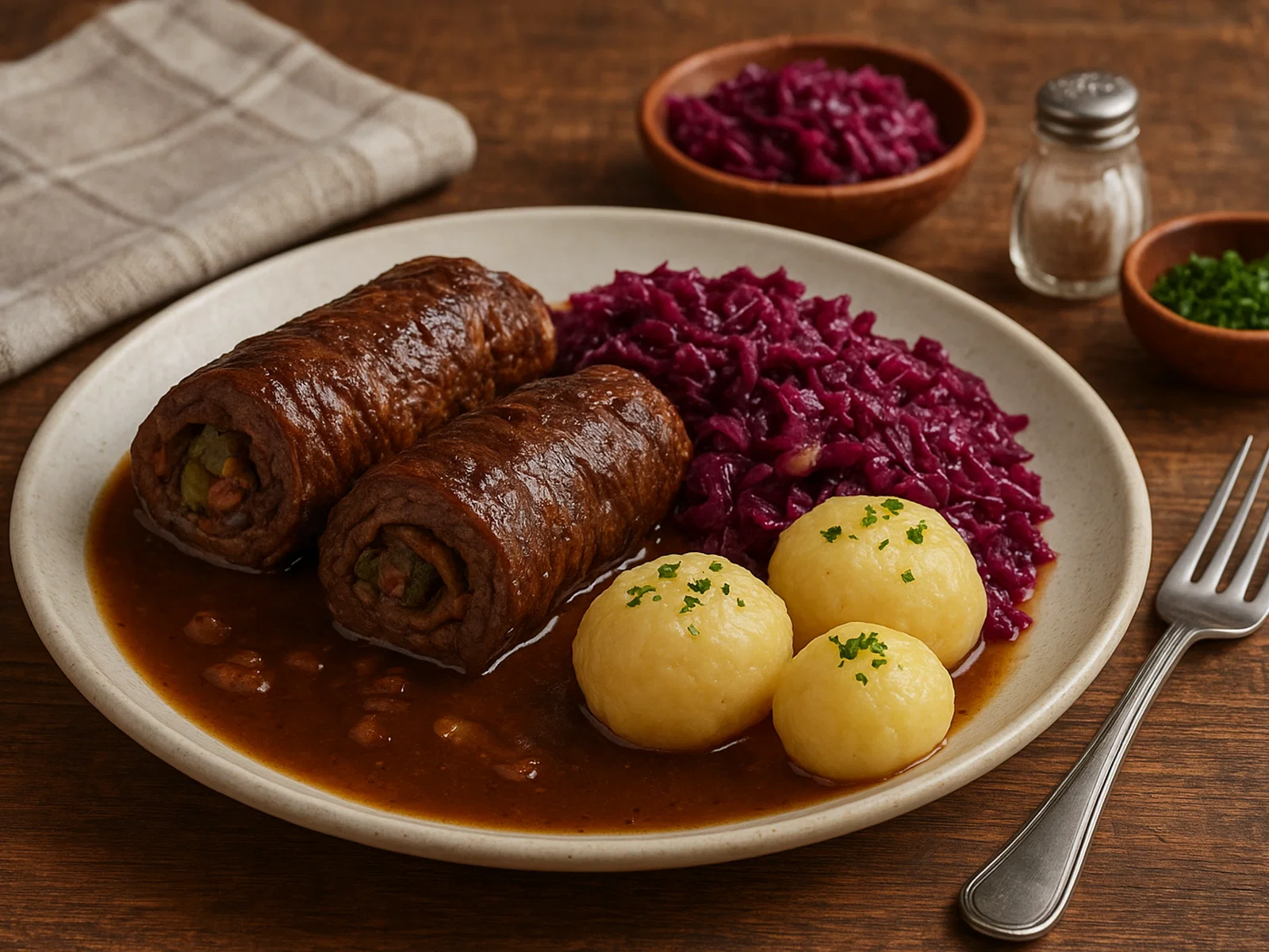Rinderrouladen mit Rotkohl und Kartoffelklößen