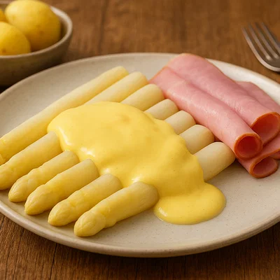 Klassischer weißer Spargel mit Sauce Hollandaise und Schinken
