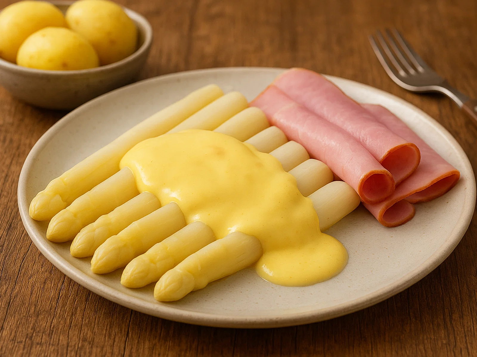 Klassischer weißer Spargel mit Sauce Hollandaise und Schinken