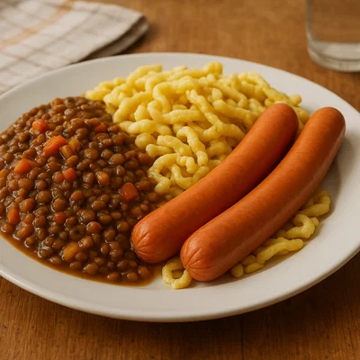Linsen mit Spätzle und Saitenwürstchen
