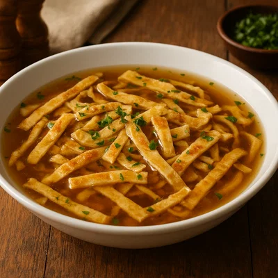 Schwäbische Flädlesuppe (Brühe mit Pfannkuchenstreifen)