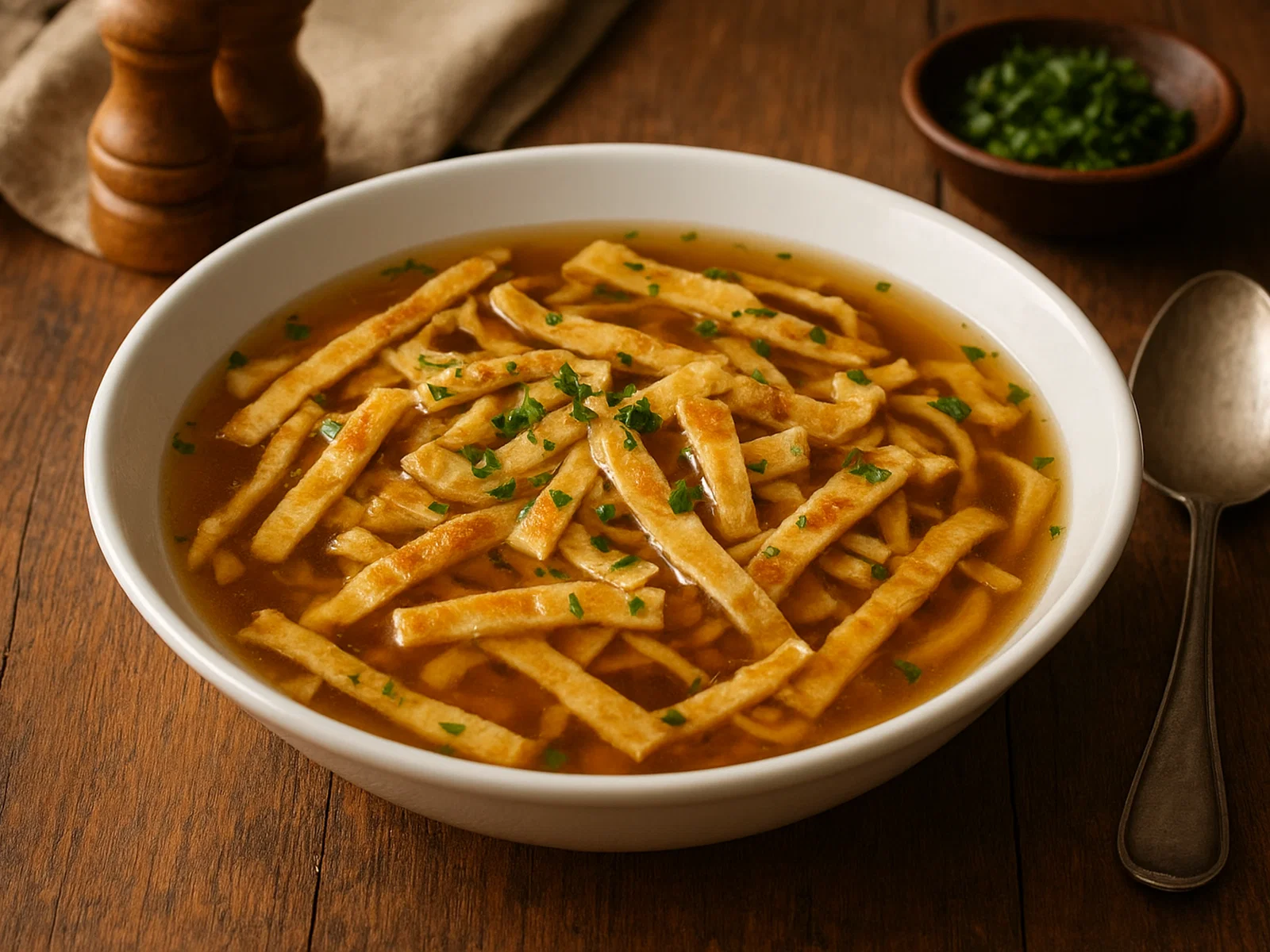 Schwäbische Flädlesuppe (Brühe mit Pfannkuchenstreifen)