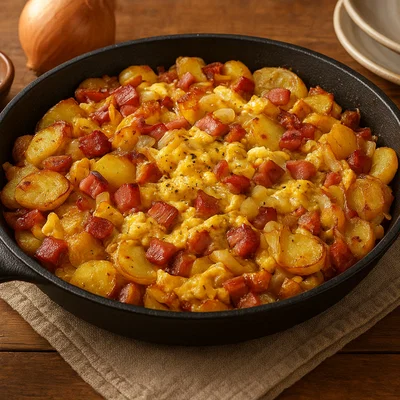 Herzhaftes Bauernfrühstück mit Speck, Zwiebeln und Bratkartoffeln