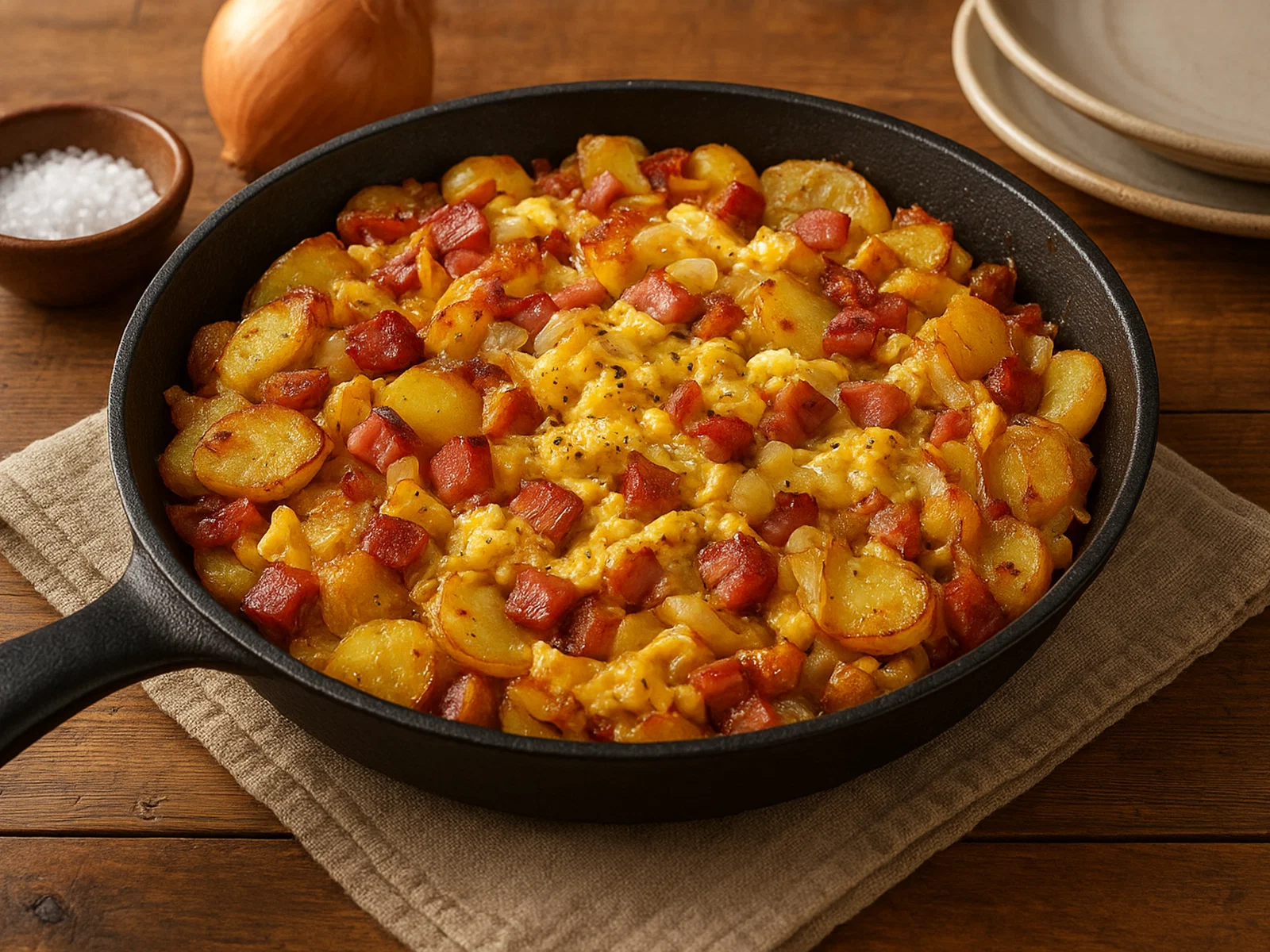 Herzhaftes Bauernfrühstück mit Speck, Zwiebeln und Bratkartoffeln