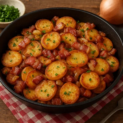 Knusprige Bratkartoffeln mit Speck aus der Pfanne