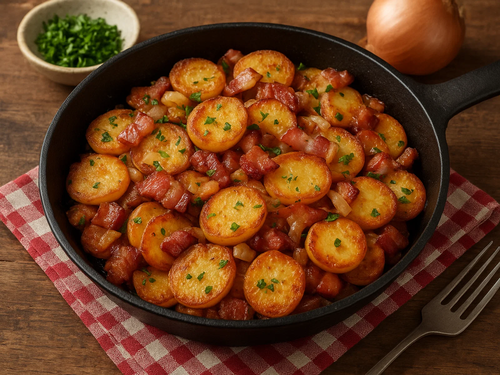 Knusprige Bratkartoffeln mit Speck aus der Pfanne