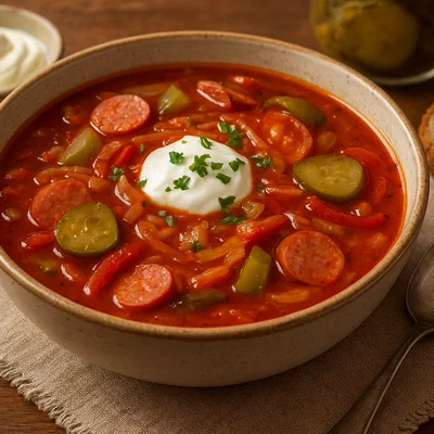 Soljanka – säuerlich-scharfe Suppe mit Wurst und Gurken