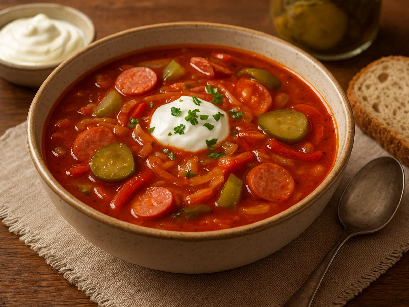 Soljanka – säuerlich-scharfe Suppe mit Wurst und Gurken