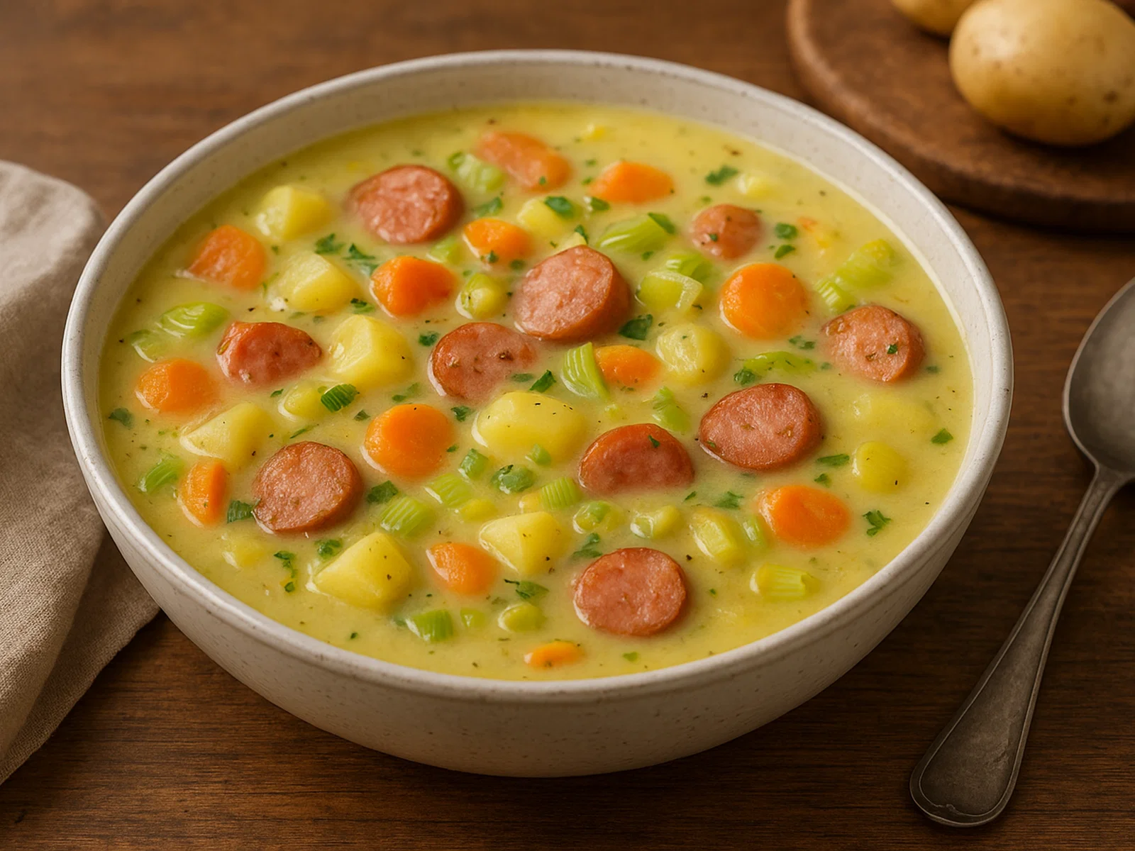 Herzhafte Kartoffelsuppe mit Wurst und Gemüse