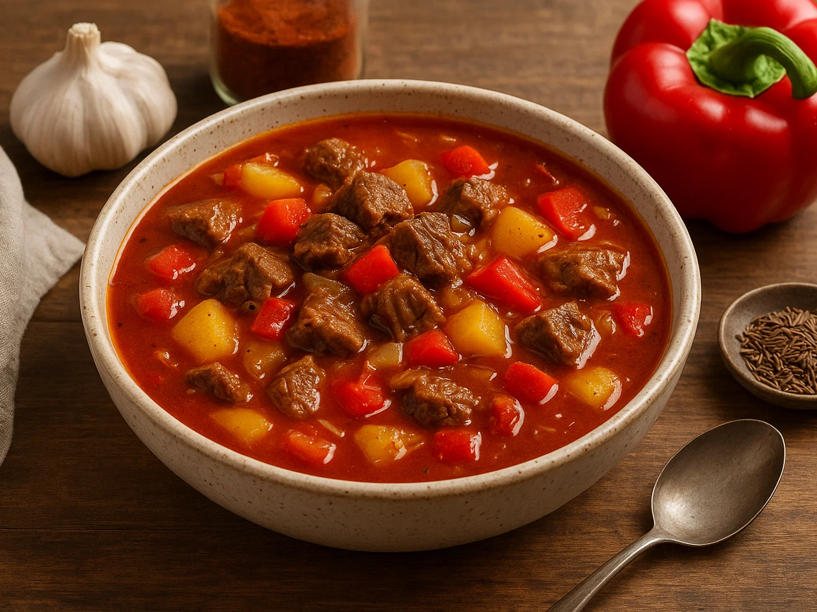 Herzhafte Gulaschsuppe mit Rindfleisch und Paprika