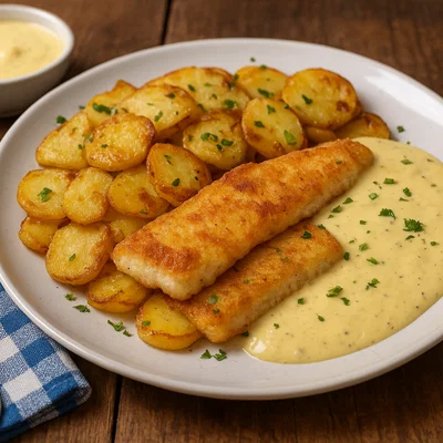 Norddeutscher Pannfisch mit Senfsoße und Bratkartoffeln