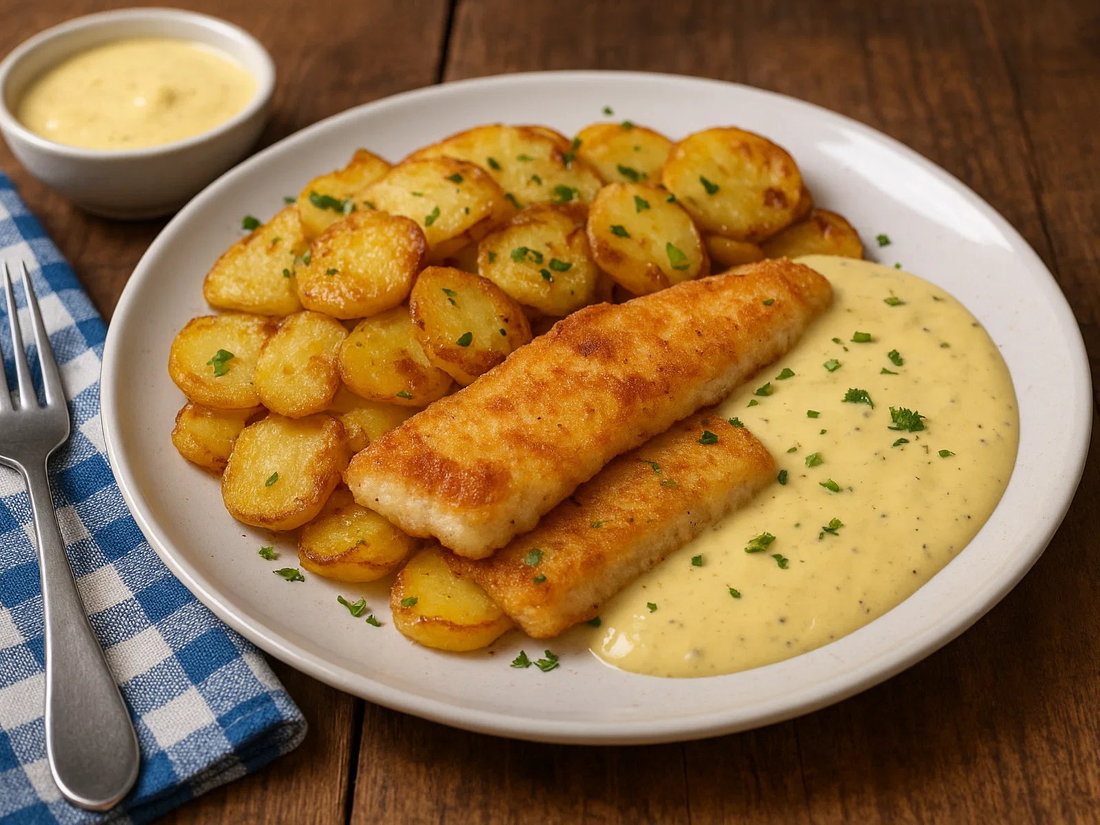 Norddeutscher Pannfisch mit Senfsoße und Bratkartoffeln