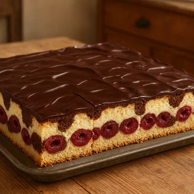 Donauwelle vom Blech mit Kirschen, Vanille-Buttercreme und Schokoguss