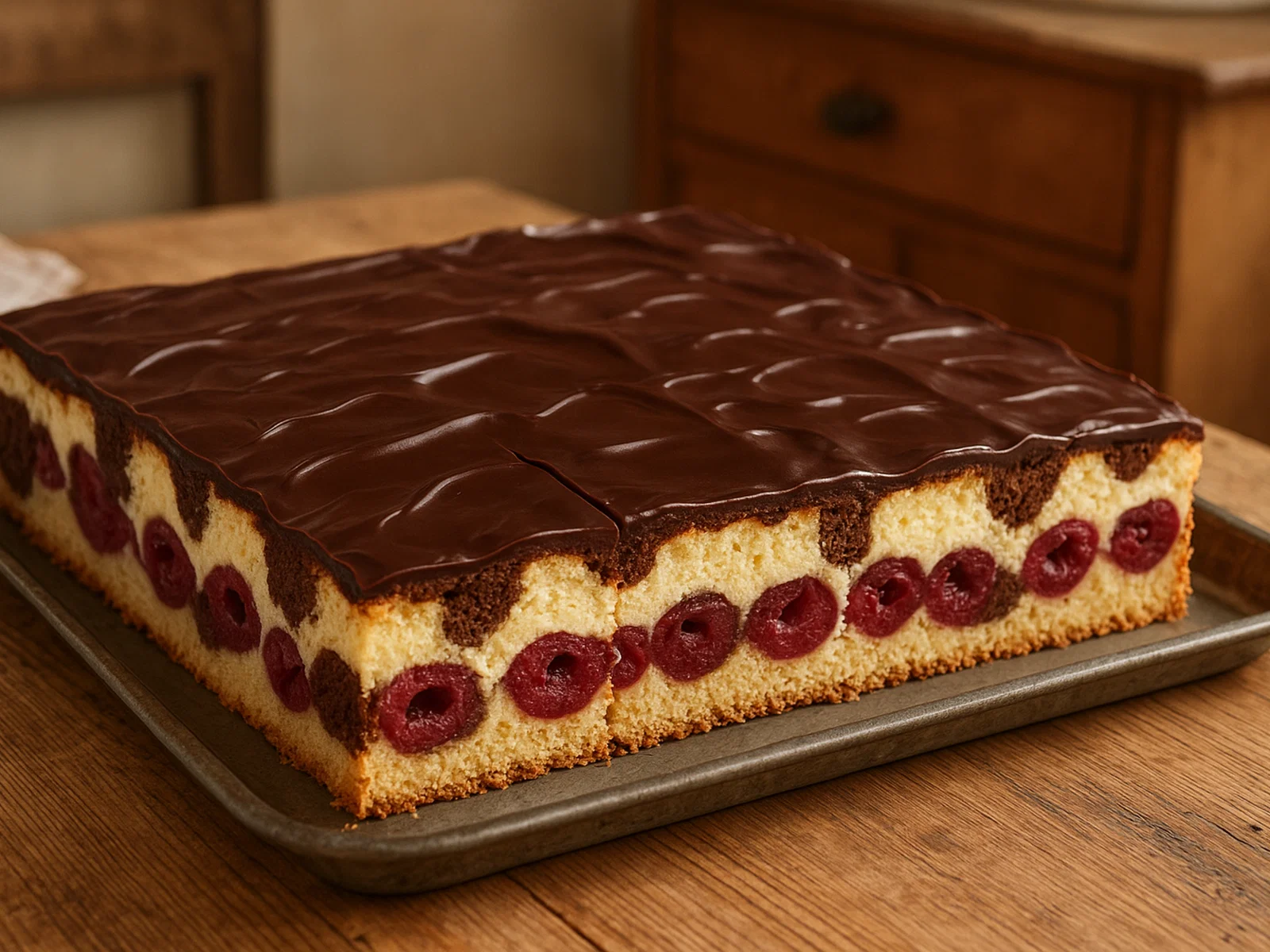 Donauwelle vom Blech mit Kirschen, Vanille-Buttercreme und Schokoguss