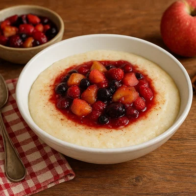 Cremiger Grießbrei mit Zimt und Fruchtkompott
