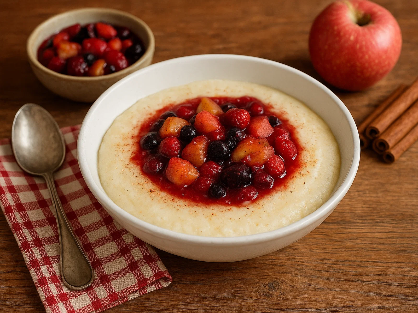 Cremiger Grießbrei mit Zimt und Fruchtkompott
