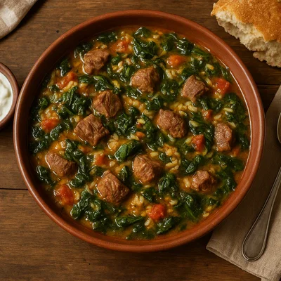 Gjellë me spinaq – Albanischer Spinat-Eintopf mit Fleisch und Reis