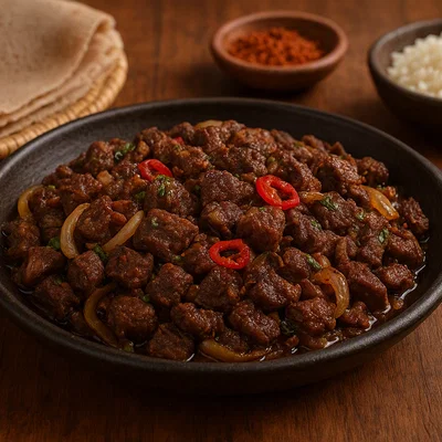 Äthiopisches Tibs (gewürzte Fleischwürfel aus der Pfanne)