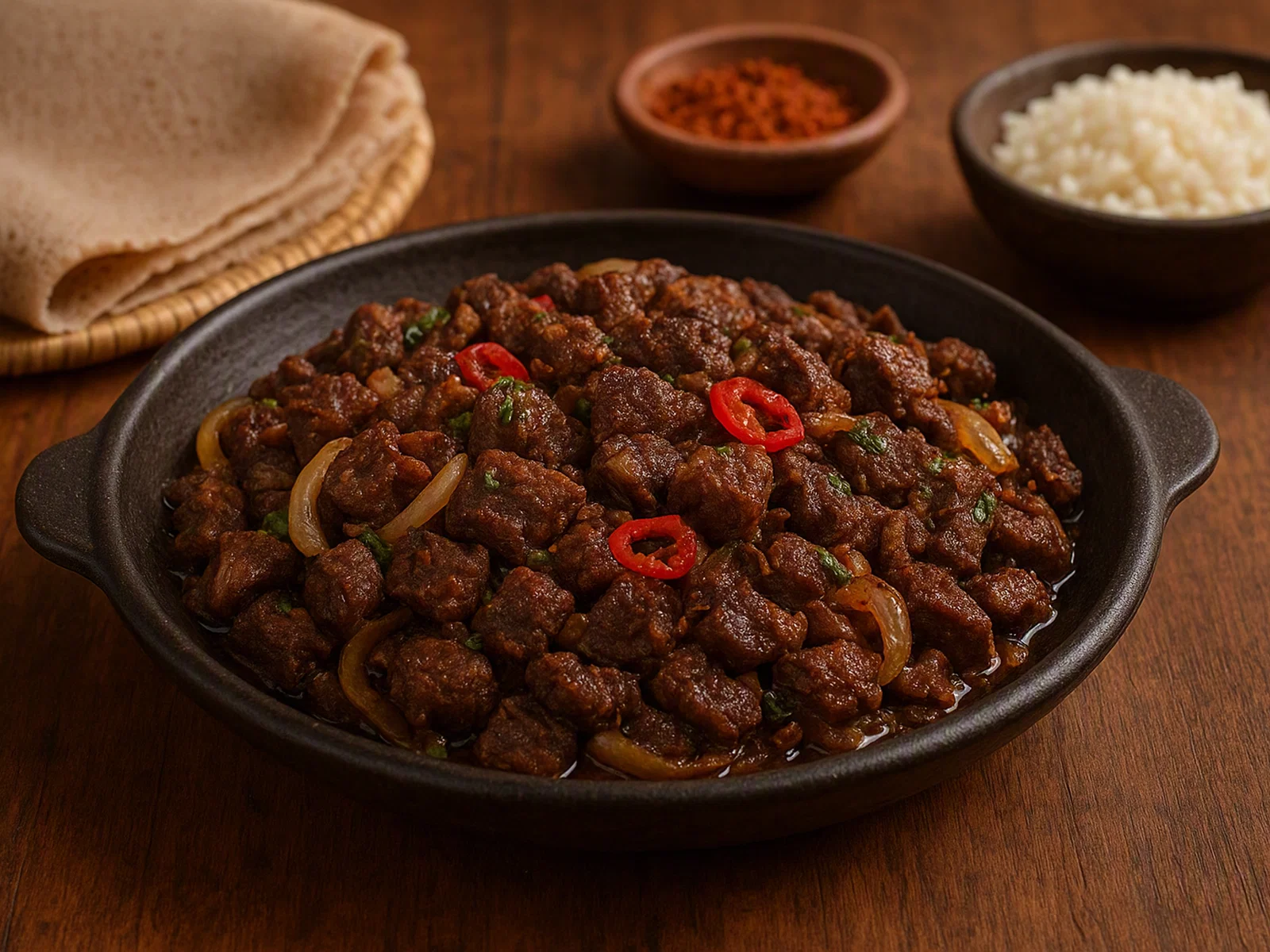 Äthiopisches Tibs (gewürzte Fleischwürfel aus der Pfanne)