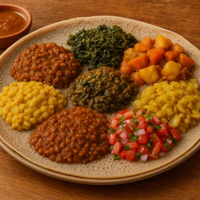Yetsom Beyaynetu – Äthiopische Fasten-Kombiplatte (vegan)
