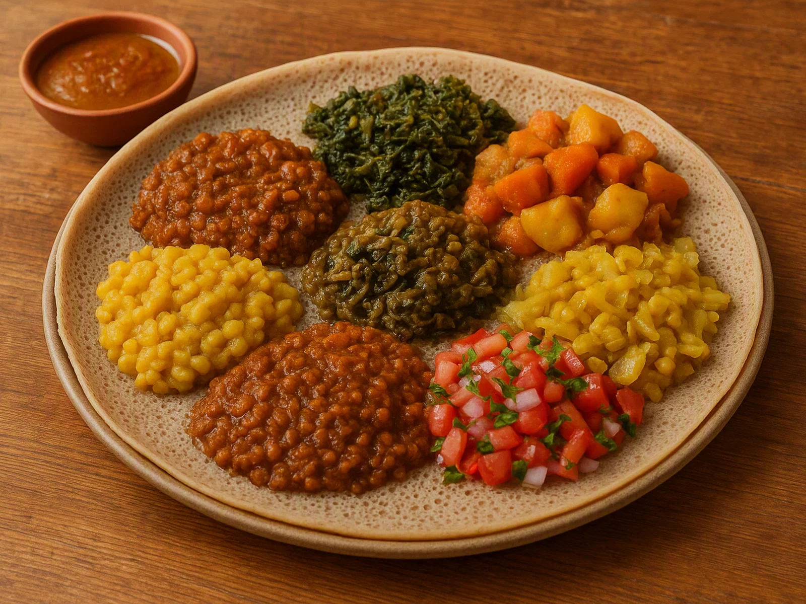 Yetsom Beyaynetu – Äthiopische Fasten-Kombiplatte (vegan)