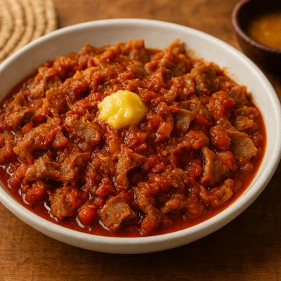 Injera Firfir (Äthiopische Injera-Stücke in scharfer Soße mit Butter)