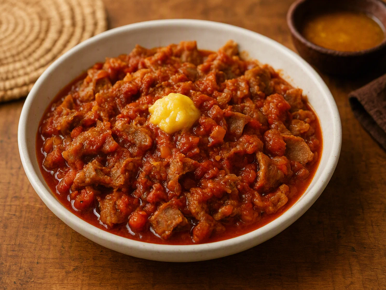 Injera Firfir (Äthiopische Injera-Stücke in scharfer Soße mit Butter)
