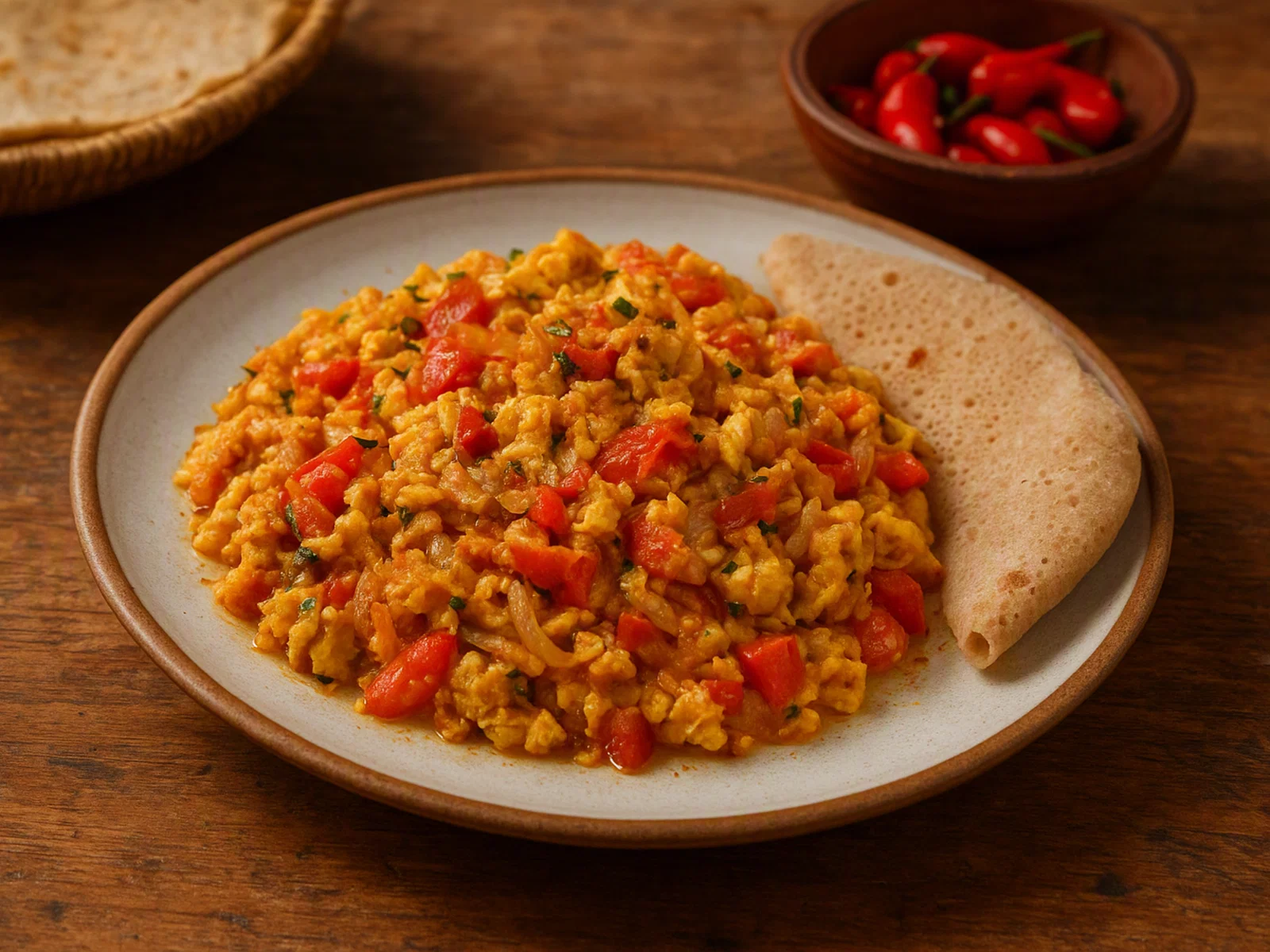 Enkulal Firfir – Äthiopisches Rührei mit Zwiebeln, Tomaten und Chili