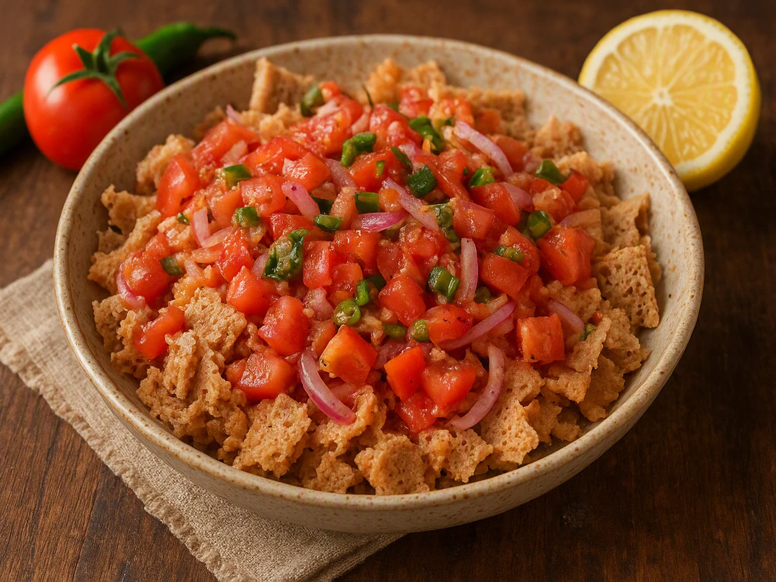 Yebesha Timatim Fitfit (Injera-Tomaten-Salat)