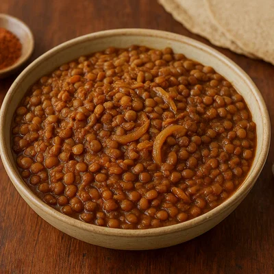 Ye'difin Misir – Äthiopische ganze braune Linsen mit Zwiebeln