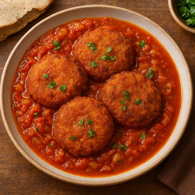 Shimbra Asa – äthiopische Kichererbsenmehl-Küchlein in würziger Tomaten-Zwiebel-Soße